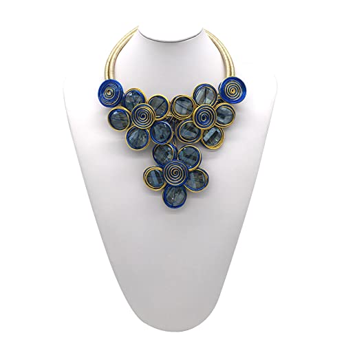 Statement Chunky Flower African Necklace For Women Tribal Fashion Costume Jewelry Earring Sets Unique Big Colorful Rhinestone Crystal Pendent Collar Choker Bib Handmade - color: Three Flowers Blue + Gold