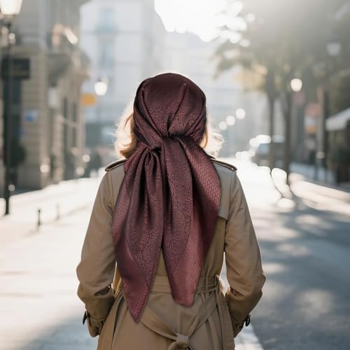 35” Satin Large Square Head Scarves-Like Silk Satin Scarf for Hair Wrapping at Night Bandana Square Scarf for Sleeping - color: Jacquard-red Brown
