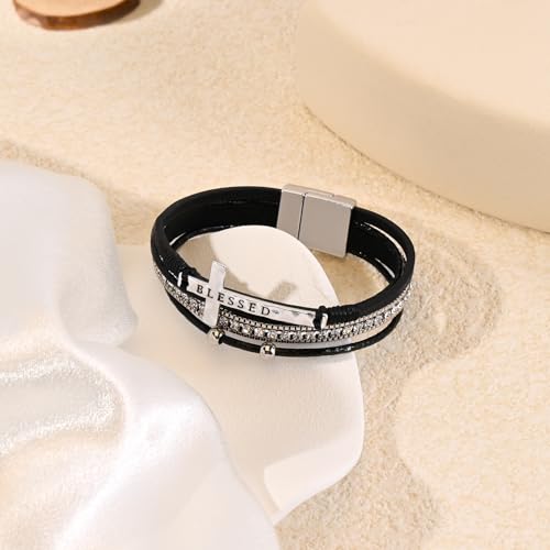 VIBILIA Boho Leather Wrap Bracelets for Women Men Multi-Layer Bracelets with Strong Clasp Western Jewelry - color: 11-Cross-Black