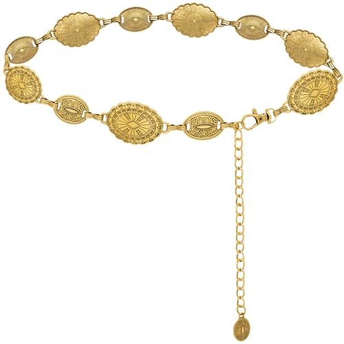 Women's Concho Chain Belt Western Cowgirl Metal Waist Chain Belt for Dress - color: C Gold, size: S: 41.3 in