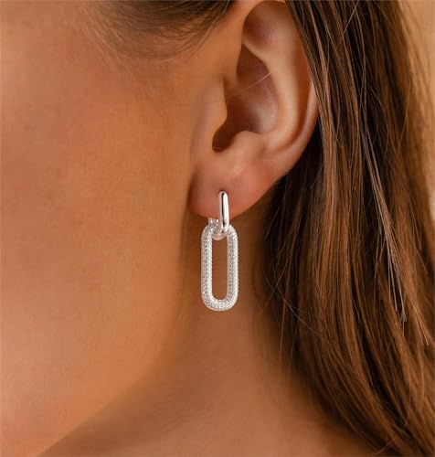 Gold Earrings for Women Trendy, Simple Dainty 14K Gold Plated Paperclip Square Chain Link Dangle Hoops Earrings Pin Stud Huggie Earrings Lightweight Hypoallergenic Minimalist Aesthetic Gold Jewelry for Christmas Gifts - color: link huggie earrings-silver