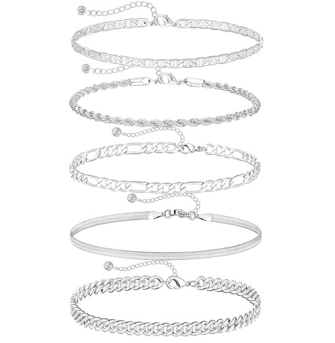 DEARMAY 14K Gold Plated Ankle Bracelets for Women Waterproof - Dainty 6Pcs Anklets Layered Cuban Link Chain Herringbone Cute Anklets Set Pack Summer Beach Jewelry Gift for Women Teen - color: Silver Anklet B