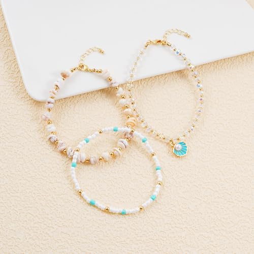 RISHEGAE Shell Anklet Bracelets for Women 14K Gold Plating Boho Bead Anklet Adjustable Womens Anklets Stretch Summer Beach Shell Drawstring Starfish Daisy Anklets Accessories Jewelry Gifts