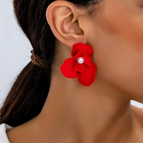 Chunky Large Gold Flower Stud Earring for Women Statement, Boho Big Red Irregular Floral Pearl Earrings Trendy Y2K Prom Party Jewelry Accessories Gift - color: Red