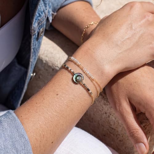 Fettero Beaded Bracelets for Women Charm Natural Stone Handmade Beads White Gold Plated Dainty Gold Bracelets Non Tarnish Boho Summer Beach Vacation Jewelry - color: Black-Moon