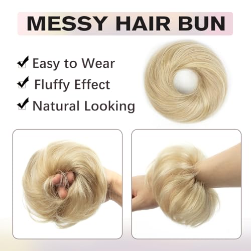2 PCS Human Hair Bun, Messy Bun Hair Piece, Soft Fluffy Elastic Scrunchie, 30s Easy Updo for Women & Kids, Ideal for Daily Wear, Ballet, Dance & Office Use (Honey Highlights Golden) - color: Ash Blonde with Gold Highlights, size: 4 Inch