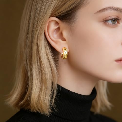 Small Chunky Huggie Hoop Earrings for Women - 18K Gold Plated Boho Ethnic, Hypoallergenic Dainty Vintage Gifts for Women - color: Diamond pattern