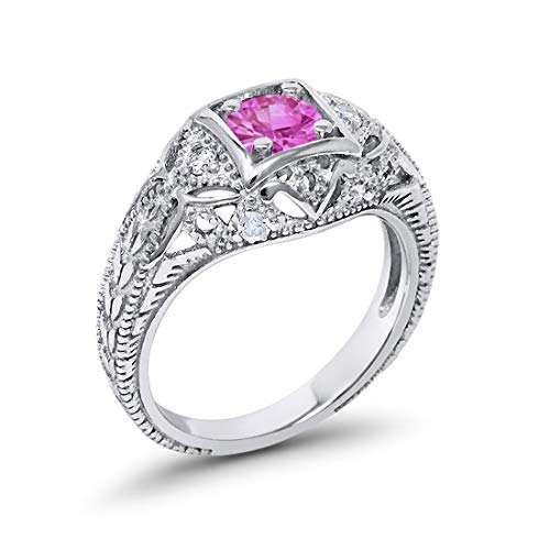 Blue Apple Co. Art Deco Ring Round Cubic Zirconia Leaf Filigree Design Split Shank Twisted Band Bridal Statement Wedding Engagement Rings For Women 925 Sterling Silver Gifts For Her - color: Simulated Pink CZ