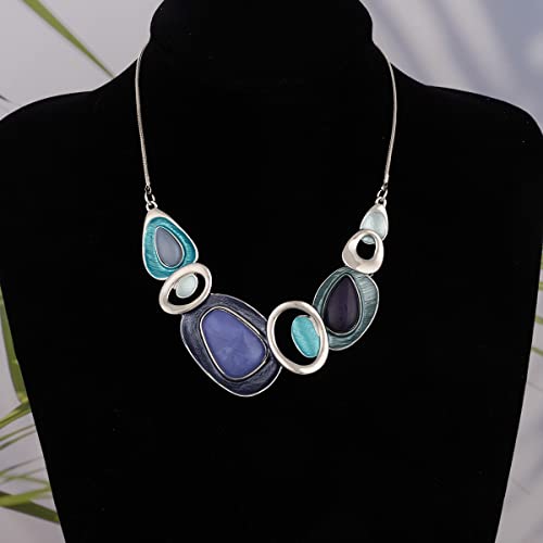 Vintage Chunky Statement Jewelry Set Retro Leaf Floral Geometric Bohemian Boho Bib Necklace Earring Set Fashion Costume Jewelry for Women Girls Wedding Party Prom Unique Gift - style: oval-blue