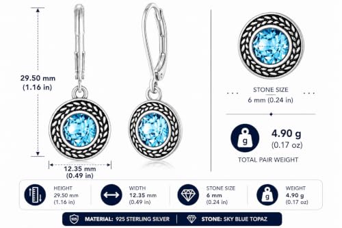 Savma Handmade 925 Sterling Silver Leverback Earrings for Women, Vintage Celtic Round Crystal Dangle Drop Earrings, Lightweight Boho Hypoallergenic Jewelry Gift - color: Blue Stone