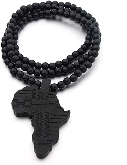 COLORFUL BLING Hip-hop Africa Map Pendant Necklace for Men African Continent Egyptian Multicolor 8MM Wooden Bead Chain Necklace Natural Wood Jewelry - style: style 2