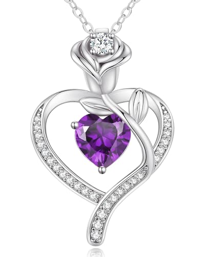LOUISA SECRET Rose Flower Heart Birthstone Necklaces for Women, 925 Sterling Silver Jewelry, Pendant Heart Necklaces Birthday Anniversary Christmas Gift for Women Wife Mom Girlfriend Lady - color: White Gold-02-Feb
