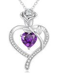 LOUISA SECRET Rose Flower Heart Birthstone Necklaces for Women, 925 Sterling Silver Jewelry, Pendant Heart Necklaces Birthday Anniversary Christmas Gift for Women Wife Mom Girlfriend Lady - color: White Gold-02-Feb