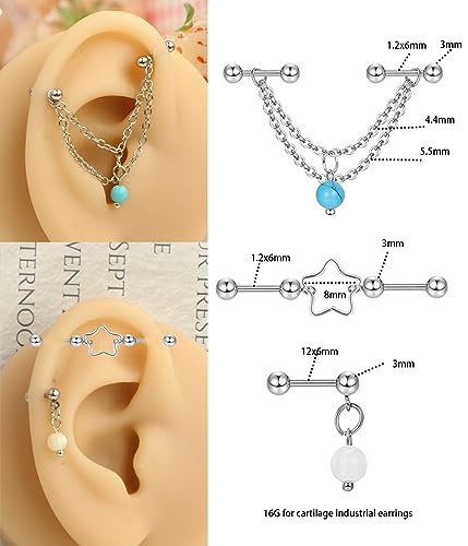 Suotarn 14G Industrial Piercing Jewelry For Women Men Stainless Steel 38 Industrial Barbell Long Cartilage Helix Conch Earrings Stud 14G Gauges Industrial Jewelry Butterfly Heart Cool 7-18pcs - color: mix color 15pcs