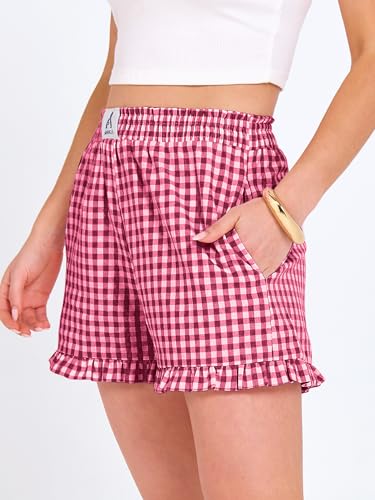 ANRABESS Boxer Shorts for Women,Gingham Plaid Elastic Waist Ruffle,Perfect for Lounge,Pajama&Sleep,Cute Casual Summer Bottoms - color: Red White Plaid, size: Large