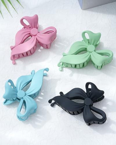 4 PCS Bow Hair Clips Bow Claw Clip for Women, Large Hair Claw Clips for Thin Thick Long Hair Cute Nonslip Bows (Blue+Pink+Green+Blue+Black) - color: Blue+Pink+Green+Blue+Black