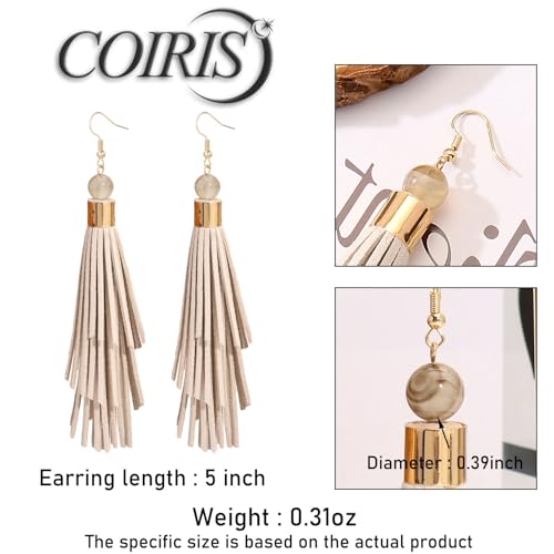 Coiris Boho Leather Layered Tassel Earrings for Women Lightweight Leather Fringe Dangle Earrings Handmade Bohemian Summer Beach Western Drop Earrings for Women - color: Beige