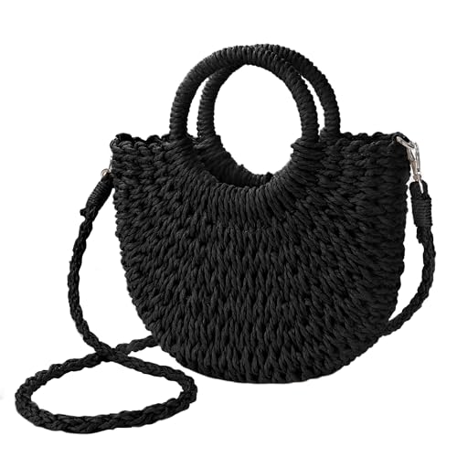 Womens Straw Beach Bag Woven Crossbody Shoulder Bags Top Handle Satchel Handbag Purse for Summer - color: Black