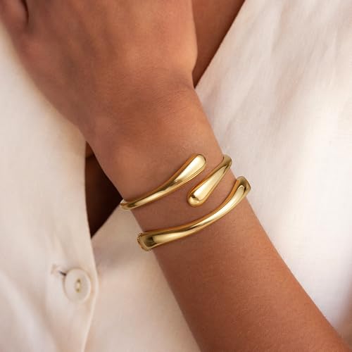 Gold Bracelets for Women Trendy, 18K Gold Plated Bangle Bracelet Set Chunky Twist Cuff Gold Bracelet Non Tarnish Waterproof Jewelry Gifts for Women - color: Gold-2PCS