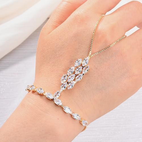 Adjustable Hand Chain Bracelet Women, 16K Gold Plated Finger Bracelet, Secure Ball Clasp Elegant Slave Hand Jewelry, Y2K Aesthetic Accessories for Summer Festival Prom Beach Vacation Daily Wear - color: style14-16K gold-plated
