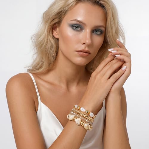 GOOJIDS Simple Beaded Gold Plated Bangles Bracelet Chunky Bamboo Tube Curved Stacking Clear Acrylic Colorful Beads Stretchable Gold Plated Bracelets Set For Women - color: T Shell Beads Set