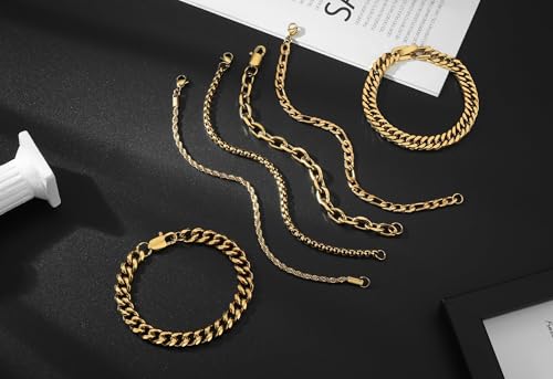 XIANNVXI 6pcs Bracelets for Men Gifts for Him Stainless Steel Bracelet Silver/Gold/Black Cuban Link Rope Paperclip Chain Bracelets Set 6.5/7/7.5/8.3/9 Inches Metal Bracelet Mens Fashion Accessories Jewelry Gifts Set - color: Gold, size: 7 in-Women Small