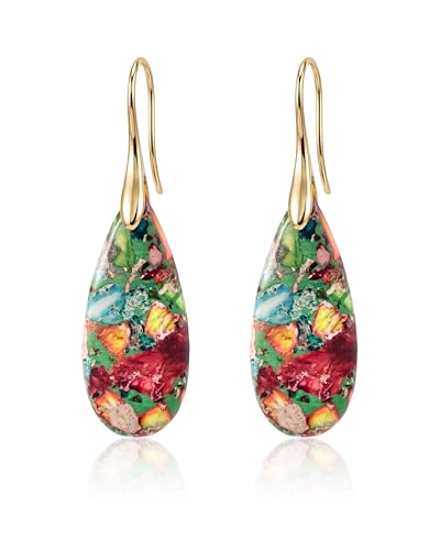 14K Gold Plated Boho Natural Stone Teardrop Earrings Colorful Vintage Chic Dangle Drop for Women Trendy