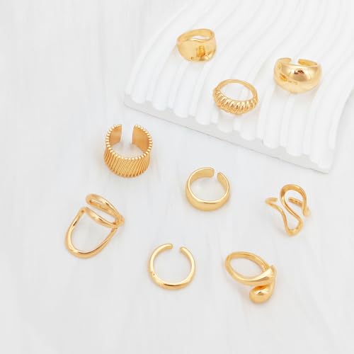 9-11PCS Gold Stackable Rings Set for Women - Gold Plated Adjustable Chunky Statement Rings for Daily Wear, Layering, Parties - style: 9PCS Gold