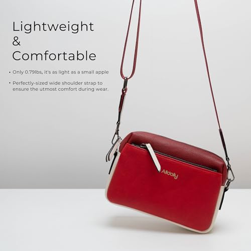 Alldaily Small Triple Zip Crossbody Purse for Women, Vegan Leather Phone Bag with Wide Shoulder Strap - color: Red & White & Red