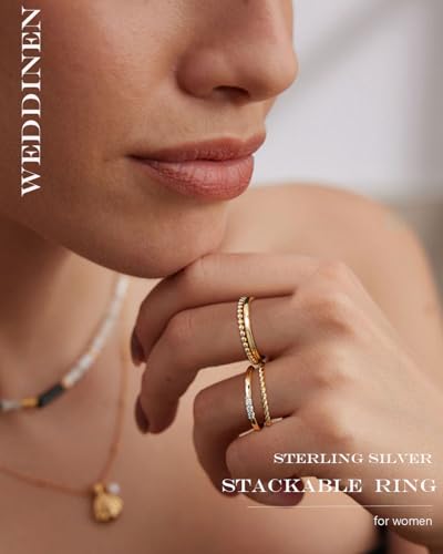 WEDDINEN 4PC Gold Rings for Women, S925 Sterling Silver 14k Gold Filled Plated Stackable Thin Thumb Ring Set Cubic Zirconia Dainty Stack Gold Knuckle Rings Set Size 6-10 - color: Gold, size: 8