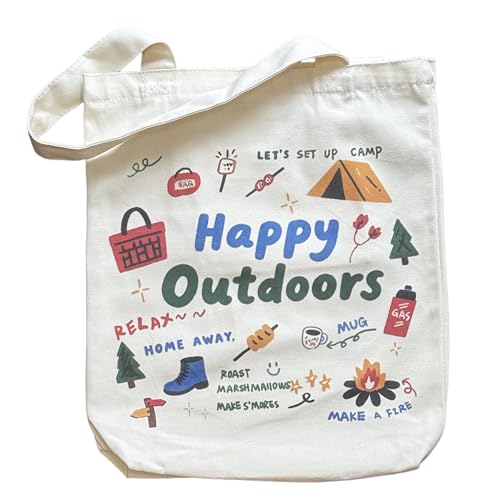 Canvas Tote Bag with Zipper for Women, Aesthetic Tote Bag with Pocket for Vacation, Shopping, Travel, Beach - style: Happy Outdoors