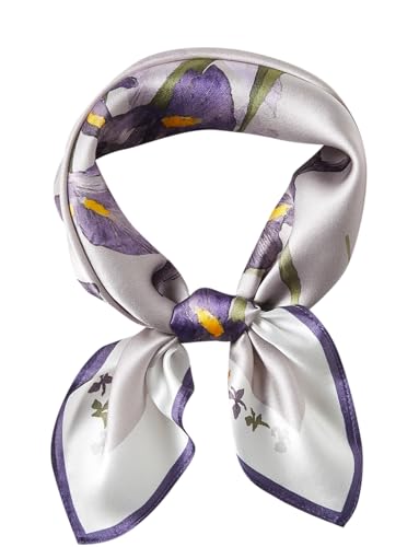100% Mulberry Silk Neck Scarf 21''x21'' Small Square Hair Scarf for Women Men Lightweight Bandana Envelope Package - color: Floral- Purple