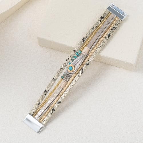 FANCY SHINY Turquoise Boho Leather Bracelet Stackable Chunky Wrap Bangle Bracelets Cowboy Cowgirl Chic Western Jewelry Gift for Women - color: Gold