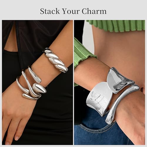 PEALICIOUS 2Pcs Chunky Bracelet for Women, Girls Gold Bangle Bracelet 7in Minimalist Silver Chunky Bangles Prom Gifts, Trendy Gold Arm Cuff Upper Arm Band, Stack Bead Prom Accessories Summer Jewelry - style: Silver chunky bangle