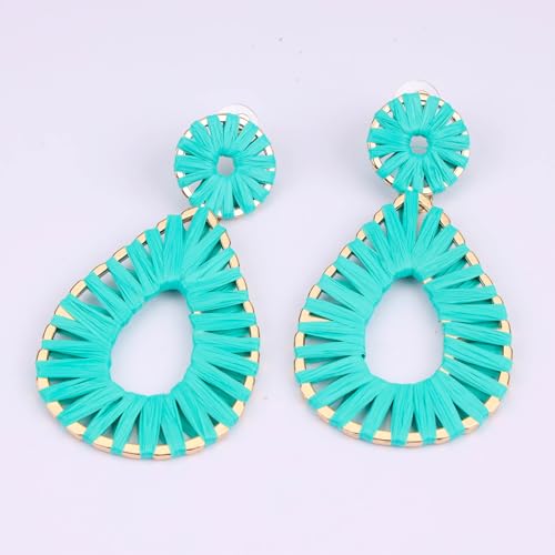 Raffia Teardrop Dangle Earrings Handmad Statement Drop Earrings - color: Turquoise