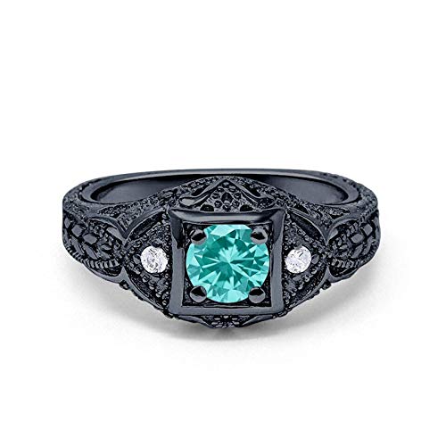 Blue Apple Co. Art Deco Ring Round Cubic Zirconia Leaf Filigree Design Split Shank Twisted Band Bridal Statement Wedding Engagement Rings For Women 925 Sterling Silver Gifts For Her - color: Black Tone, Simulated Paraiba Tourmaline CZ