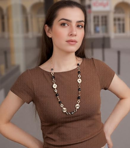 Long Gold Necklaces for Women Dainty Natural Stone Beaded Gold Necklace Mothers Day Gifts Boho Gold Costume Jewelry for Women - color: Black