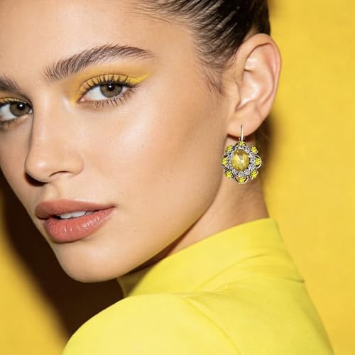 Handmade Bohemian Vintage Gold Sparkly Crystal Round Flower Leverback Earrings Cute Rhinestone Geometry Dangle Drop Earring for Women - color: Yellow