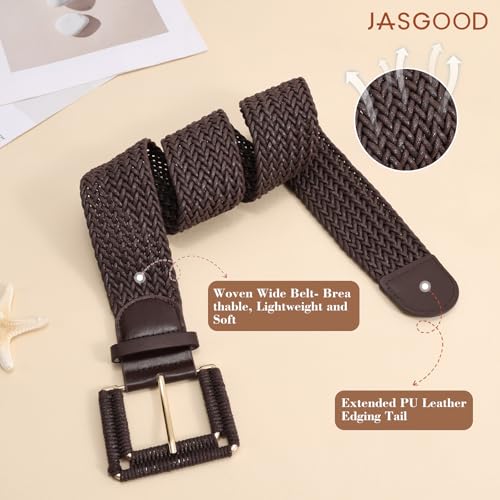 JASGOOD Women Wide Woven Belt for Dresses Rattan Waist Belt Braided Boho Belt with Square Buckle - color: Dark Brown, size: Fit Waist Size 28-32inch