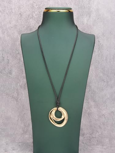 GelConnie Leather Necklace for Women Round Wooden Pendant Long Leather Choker Vintage Sweater Necklace Gold Chunky Boho Necklaces for Women - style: Boho Sweater Necklace