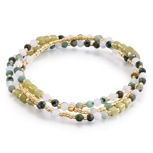 Beaded Bracelets for Women Small Blue Glass Beaded Stretchy Seed Bracelets Stackable Natural Gemstone Crystal 14K Gold Plated Beads Summer Boho Jewelry Gift - color: African turquoise