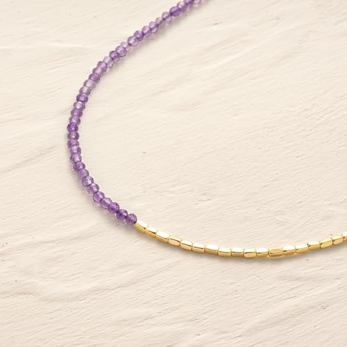 MYEARS Women Beaded Bracelet Gold Gemstone 14K Simple Dainty Handmade Chain Everyday Boho Beach Jewelry - style: Amethyst