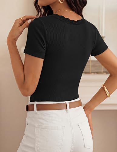 ZESICA Womens Summer 2026 Short Sleeve Trendy Lace V Neck Tops Fitted Cute Shirts Dressy Casual Blouses Y2k Going Out Outfits - color: Black, size: X-Large
