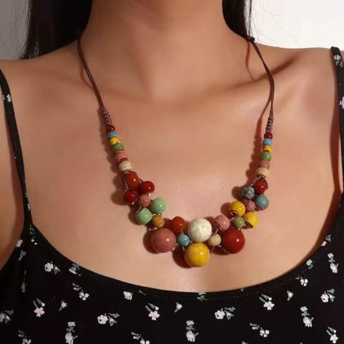 KURTCB Boho Hippie Ceramic Beaded Necklace Bracelet Colorful Statement Chunky Beads Strand Necklace Bracelet Thanksgiving Fall Autumn Jewelry for Women - style: Style 2