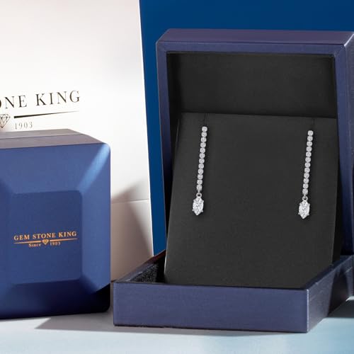 Gem Stone King 14K White Gold Gemstone Birthstone and White Lab Grown Diamond Long Liner Dangle Earrings for Women | Marquise 6X3MM | White Gold Chain Drop Earrings - style: White Moissanite, April
