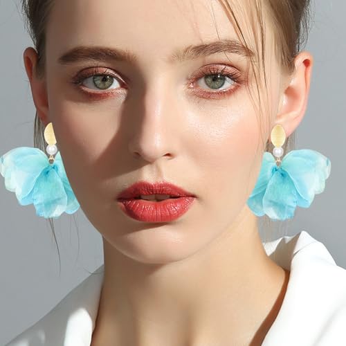 Handmade Fabric Flower Petal Fringe Dangle Drop Earrings Bohemian Floral Tassel Stud Earrings For Women - color: Light Blue