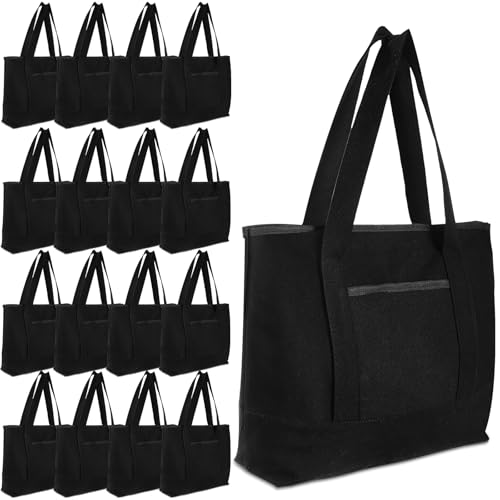 Reginary 16 Pcs Canvas Tote Bags Bulk with Outer Pocket 18 Inch Reusable Shopping Grocery Blank Tote Bag for Women Mother DIY (Black) - color: Black