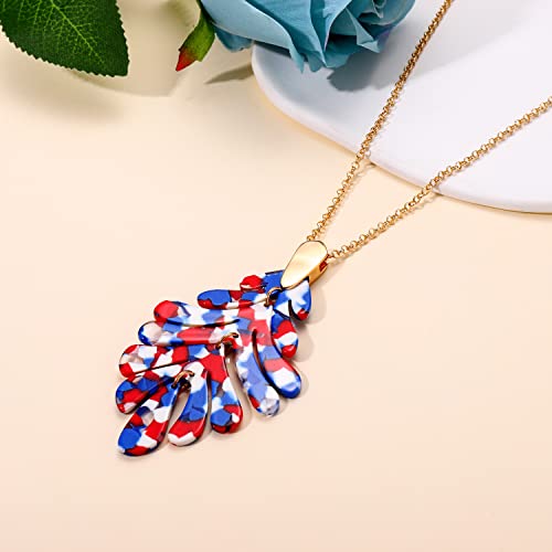 ARATLENCH Acrylic Pendant necklace Earrings – Long Statement Leaf Charm Necklace Tortoise Resin Palm Leaf Earrings Fashion Necklaces Earrings for Women - color: red white blue necklace
