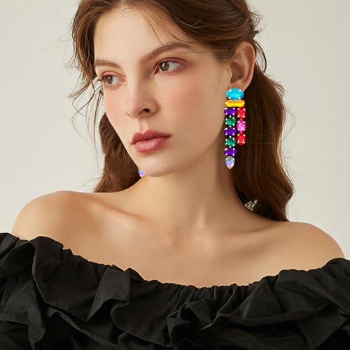 Boho Large Sparkly Rhinestones Teardrop Drop Dangle Earrings Long Tassel Full Crystals Chain Earrings for Women Wedding - style: Colorful