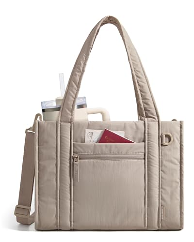 BAGSMART Boxy Tote Bag for Women, Crossbody Bag with Zipper, Crush Bow Purses for Travel Work College - color: Tan, size: Large